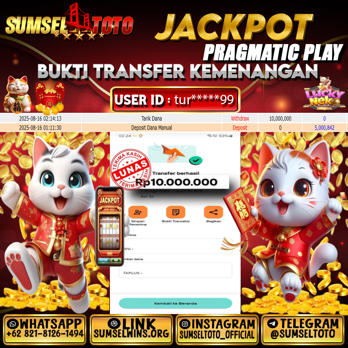 SUMSELTOTO JACKPOT LUCKY NEKO Rp.10,000,000.,- LUNAS